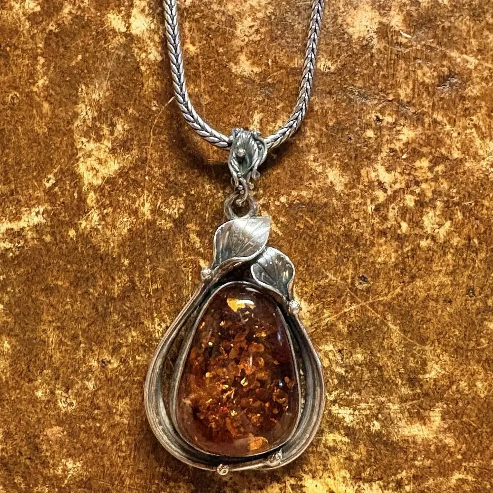 Sterling Silver & Baltic Amber Pendant w/ Calla Lily Designs 25 Inches Fox Tail